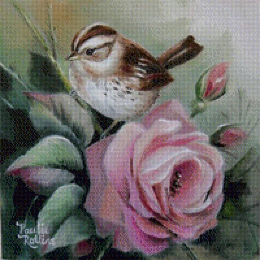 Птичка и роза - роза, птичка, цветок - предпросмотр