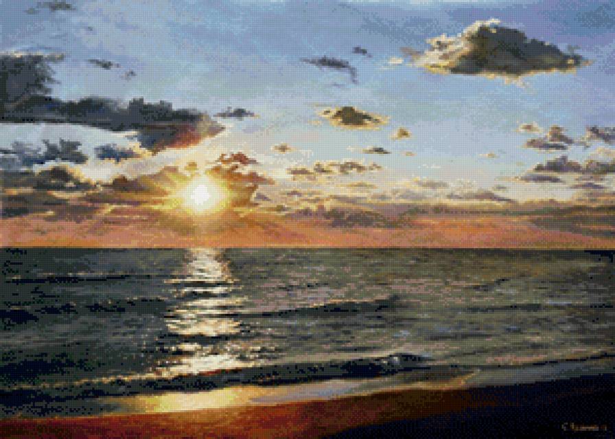 чёрное море - море, закат, волны, живопись, небо, облака, прибой - предпросмотр