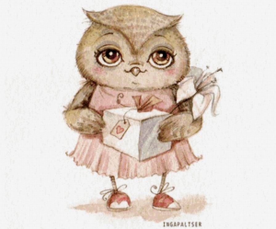 совушка с подарком - подарок, животные, сова, цветок, детское - предпросмотр