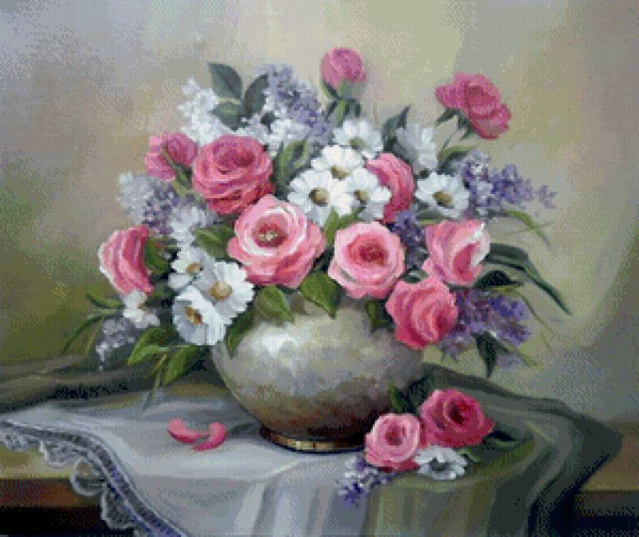 букет роз и ромашек - ваза, сирень, цветы, букет, натюрморт, ромашки, розы - предпросмотр