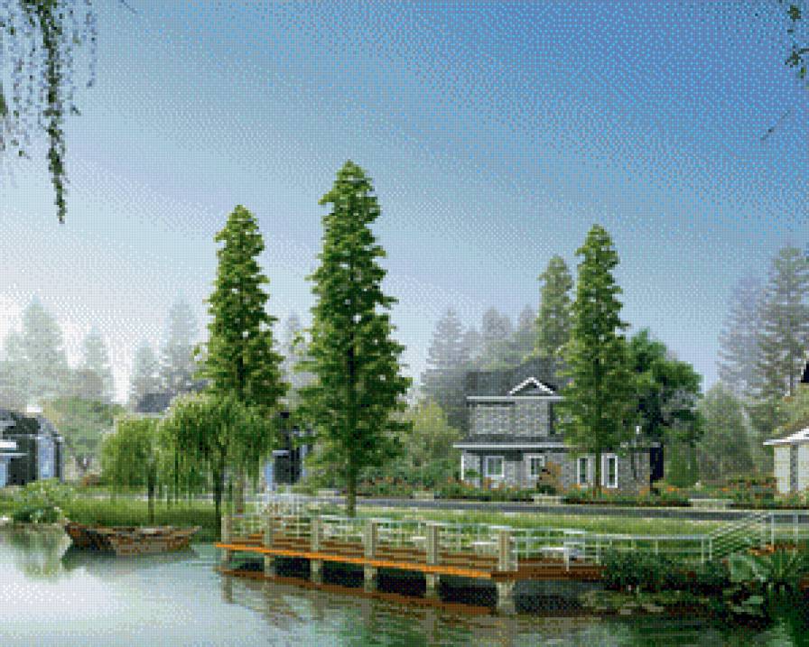 дом у воды - забор, дом, вода - предпросмотр