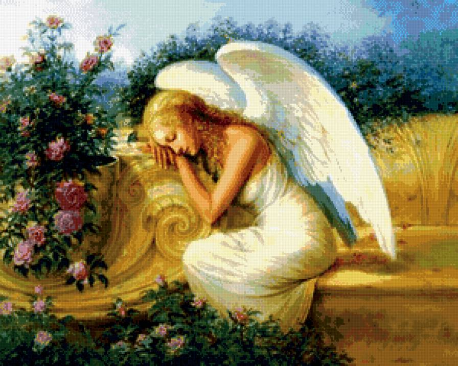 Serenity's Garden - картина, пейзаж, цветы, ангел - предпросмотр