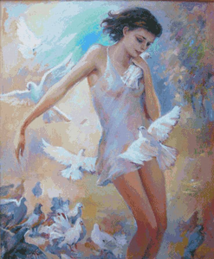 девушка с голубями - нежность, красота, птицы, женщина, голуби, живопись, девушка - предпросмотр