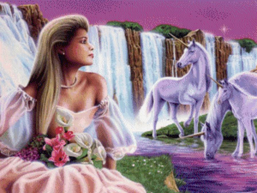 картина - девушка, принцесса, фентези, лошади, водопад, единороги - предпросмотр