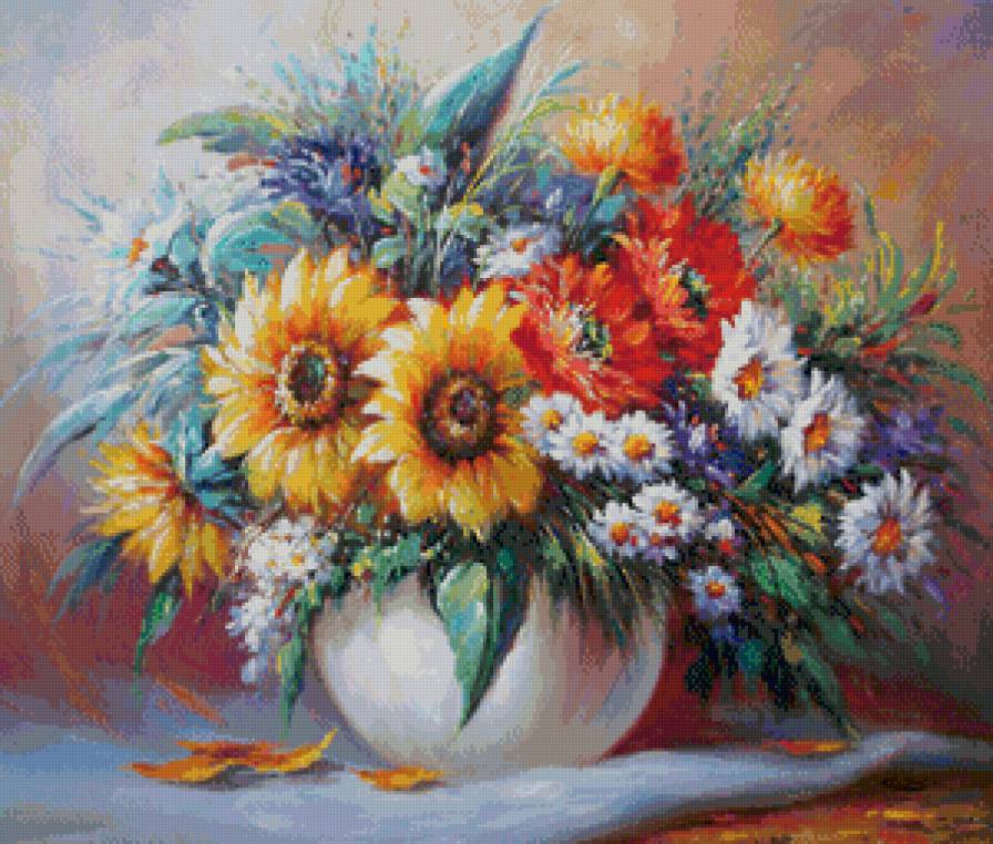 красочный букет - ромашки, цветы, подсолнухи, живопись, акварель, букет, ваза - предпросмотр