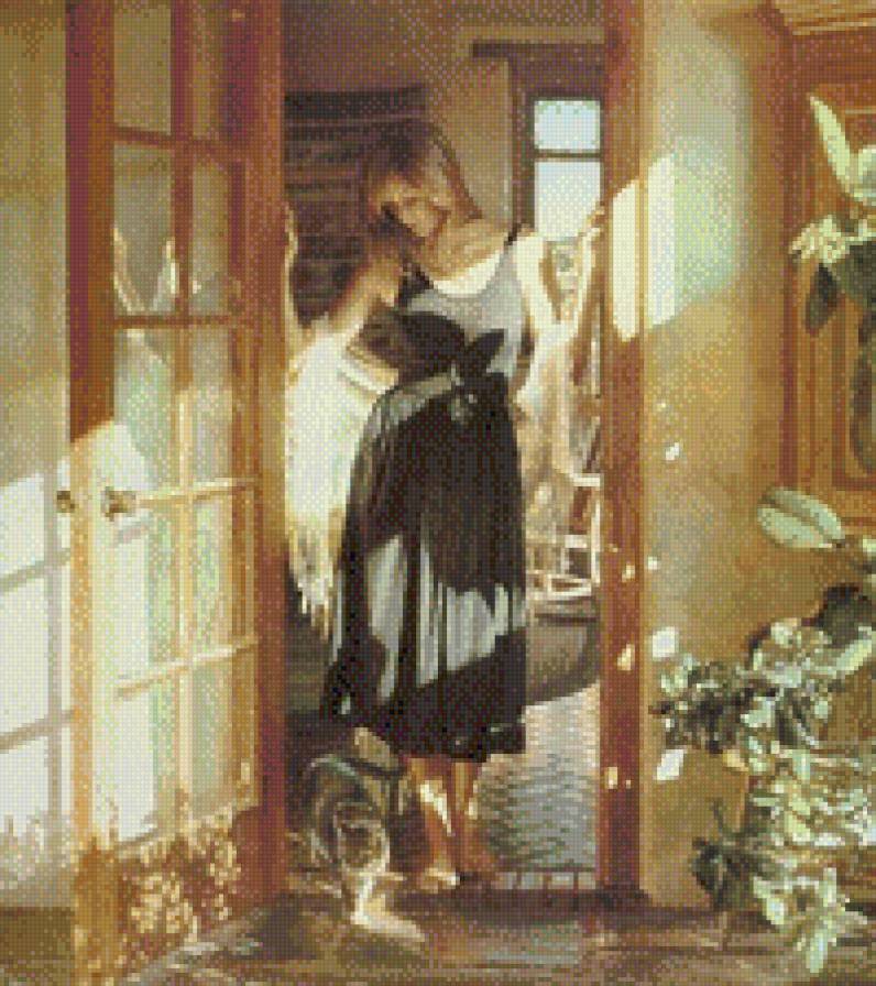 начало дня - женщина, утро, кошка - предпросмотр