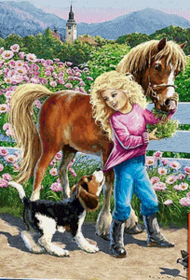 девочка с лошадкой - люди, дети, лошадка, собака, лошадь, животные, лошади - предпросмотр