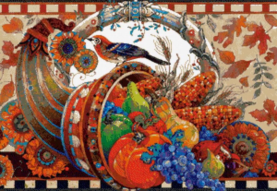 рог изобилия - фрукты, тыква, виноград, натюрморт, овощи, груша - предпросмотр