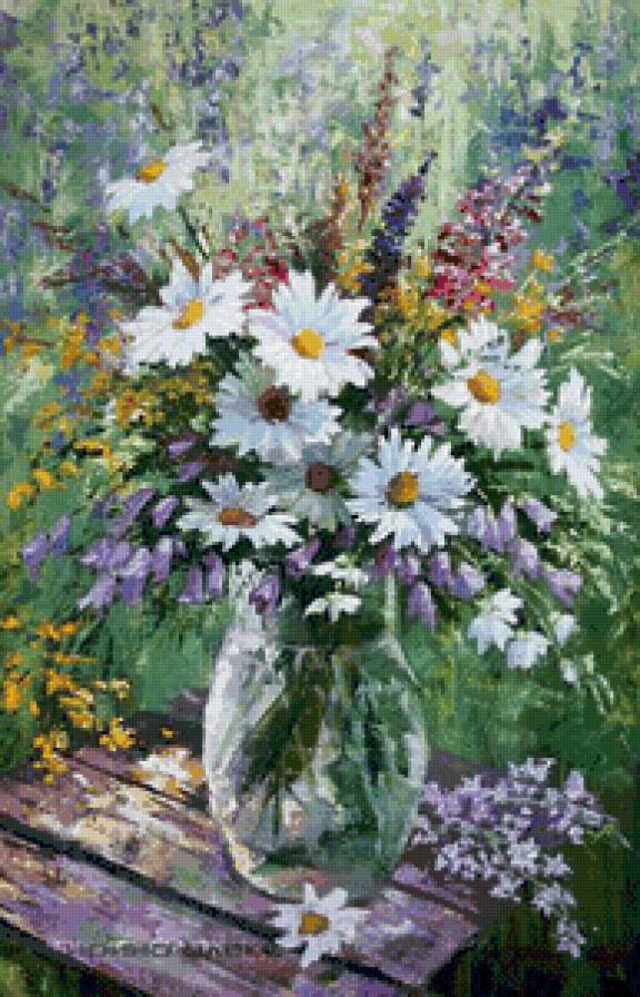 букет полевых цветов в вазе - пейзаж, ваза, живопись, цветы, природа, акварель, букет - предпросмотр