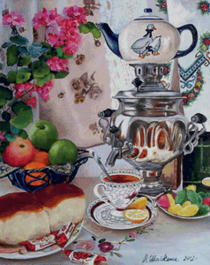 чайный натюрморт - кухня, чай, конфеты, натюрморт, еда, яблоки - предпросмотр