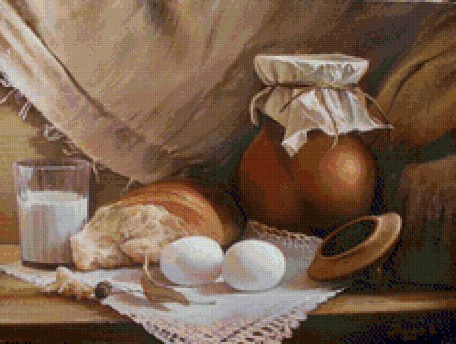 сельский нотюрморт - кувшин.хлебяйца молоко - предпросмотр