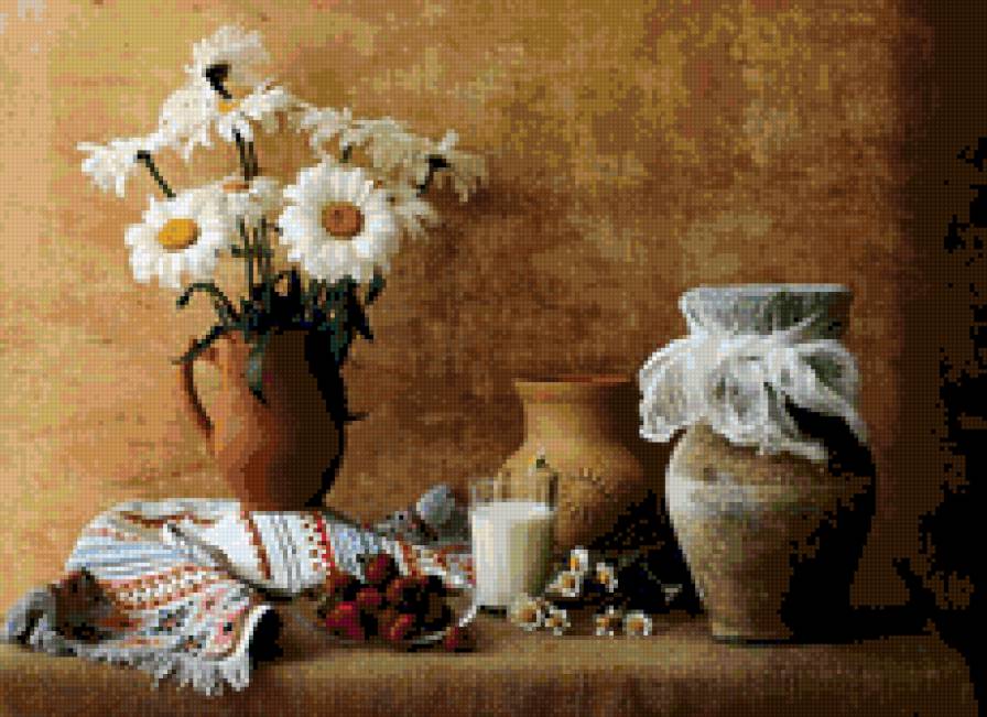 сельский нотюрморт - кувшин. молоко, ромашки рушник - предпросмотр