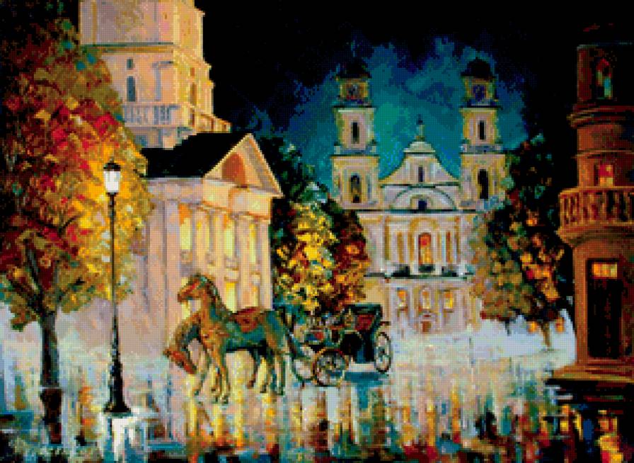 городской пейзаж ночью - акварель, вечер, пейзаж, карета, живопись, город, лето - предпросмотр