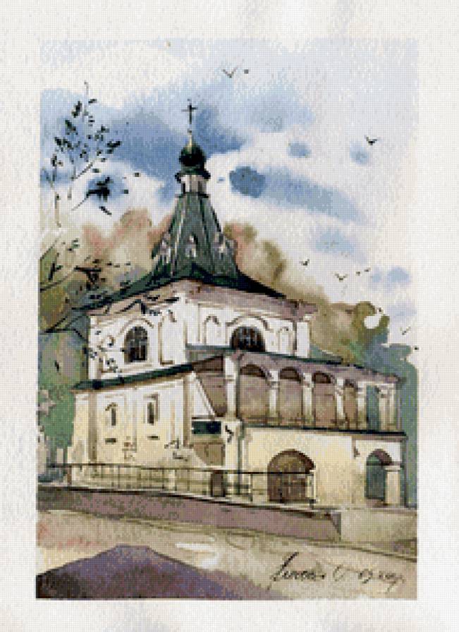 церквушка - церковь, акварель, храм, графика, монастырь - предпросмотр