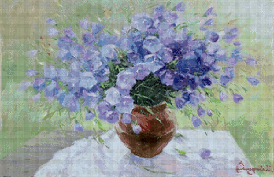 колокольчики в вазе - живопись, цветы, колокольчики, лето, натюрморт, букет, ваза - предпросмотр