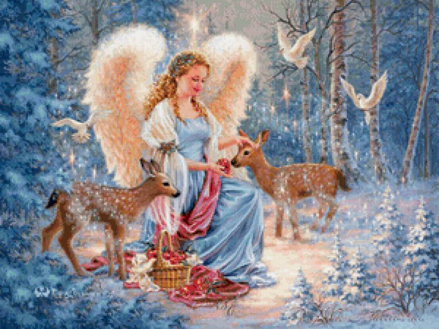 в райском лесу - лес, добро, рай, зима, снег, голуби, ангел, олени, животные - предпросмотр