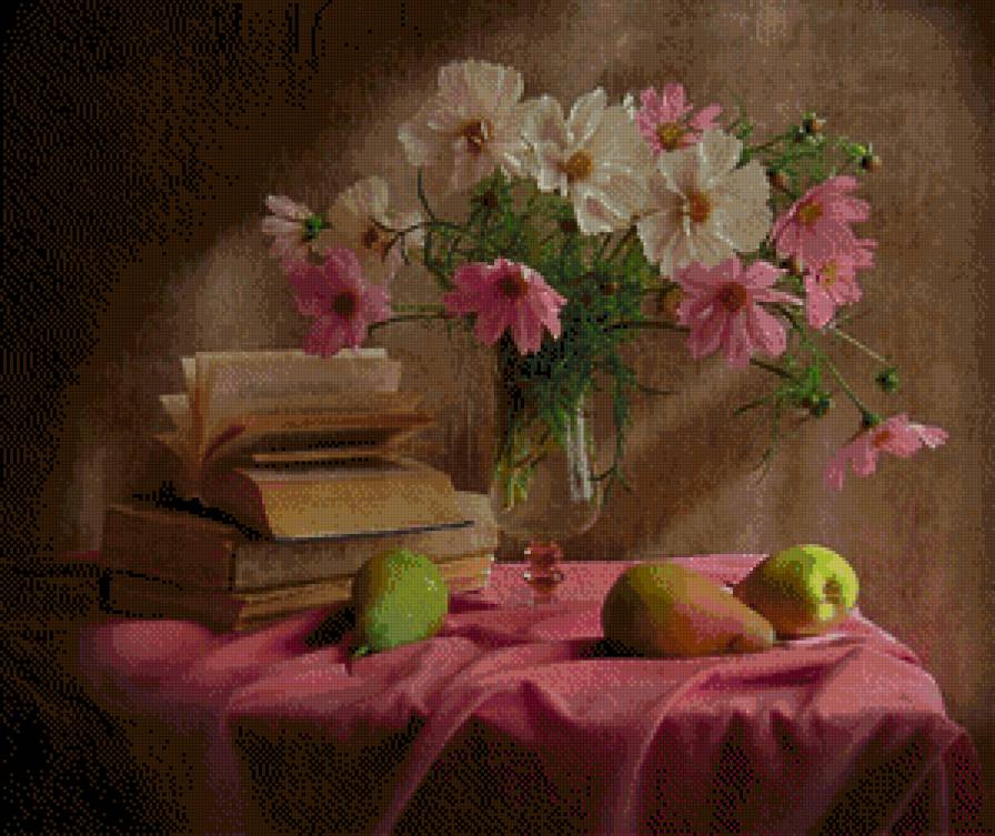 натюрморт - фрукти, книги, квіти - предпросмотр