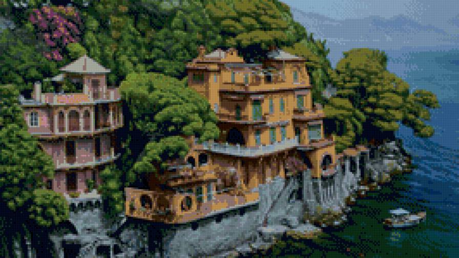 У моря - живопись, лодки, море, дома, деревья - предпросмотр