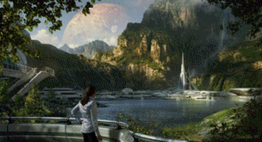 №850075 - планета, люди, фантастика, горы, озеро - предпросмотр