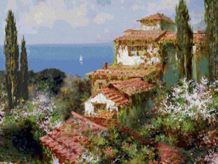 №850911 - дома, природа, море, парусник, горы - предпросмотр