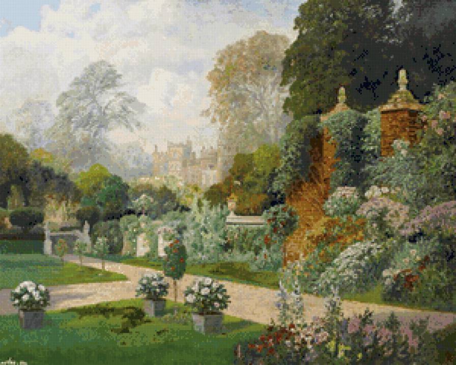 сад вокруг замка - цветение, сад, живопись, пейзаж, цветы, замок - предпросмотр