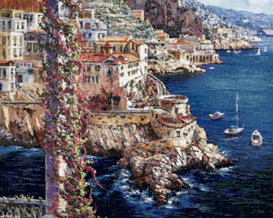 приморский городок - пейзаж, живопись, бухта, горы, море, город, лето - предпросмотр