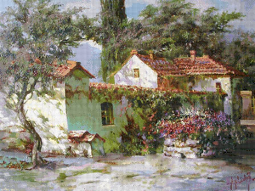 цветущий двор - лето, живопись, цветы, пейзаж, цвет, двор - предпросмотр