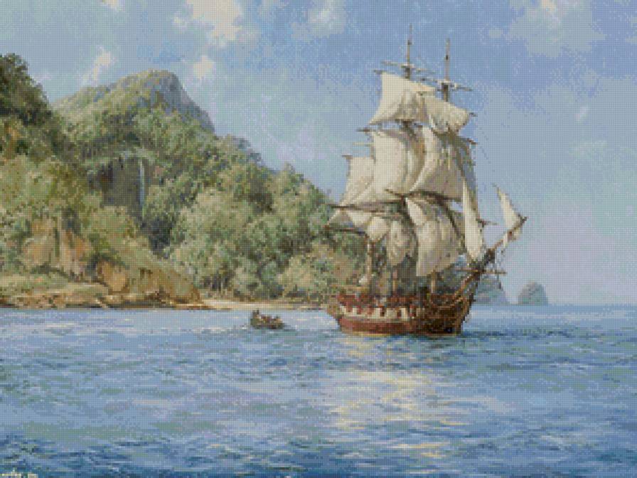 парусник - океан, небо, паруса, волны, чайки, море, парусник - предпросмотр