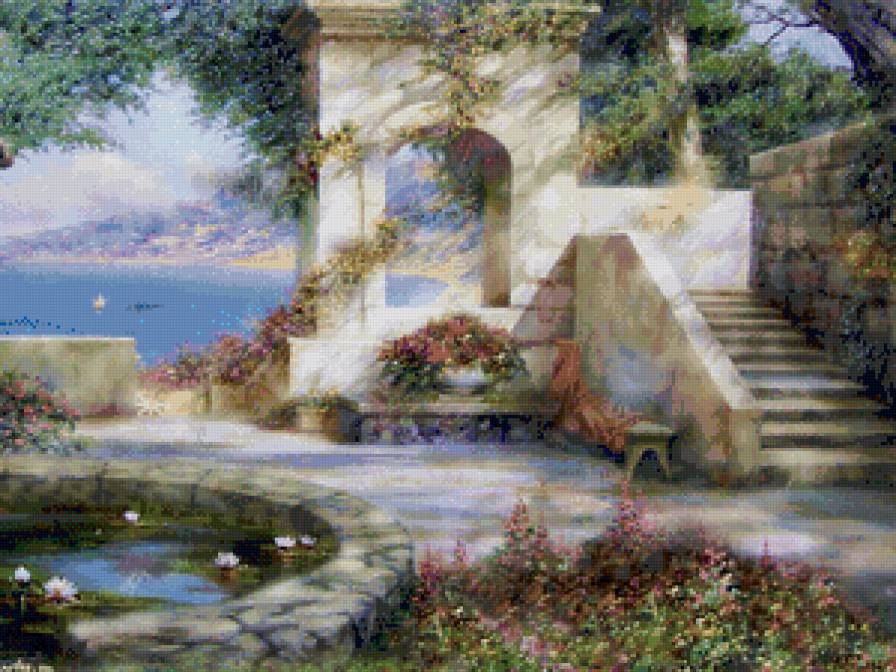 южный дворик - пейзаж, цветы, лето, юг, двор, живопись - предпросмотр