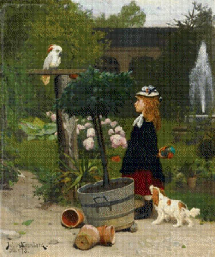 №853774 - фонтан, девочка, попугай, цветы, собака - предпросмотр