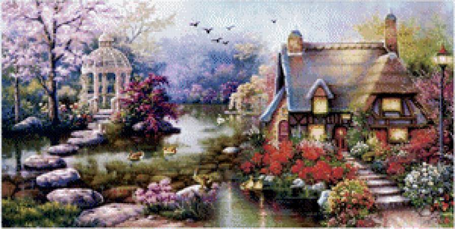 Пейзаж - вода, уют, дом, цветы, природа, беседка - предпросмотр