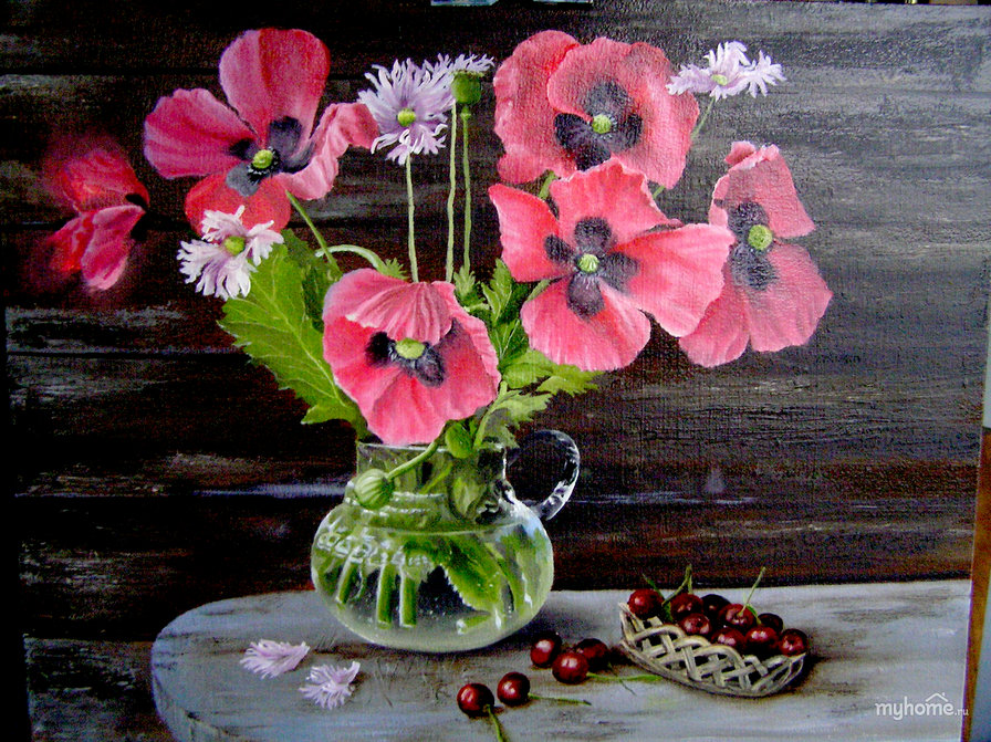 Натюрморт5 - маки, дерево, черешня - оригинал