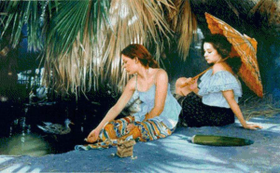 №858902 - девушки, утки, пальмы, пруд - предпросмотр