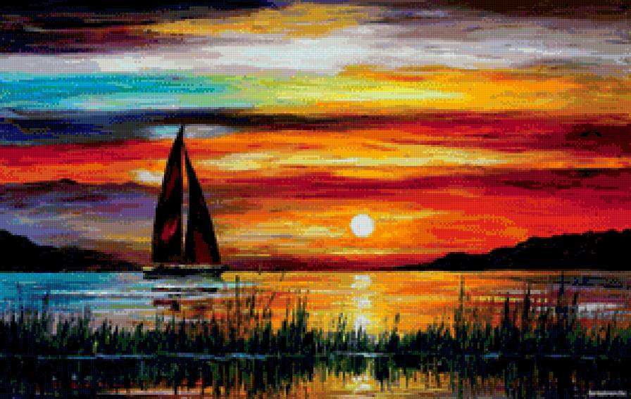 на закате - живопись, парус, природа, пейзаж, закат, краски, парусник, вечер - предпросмотр