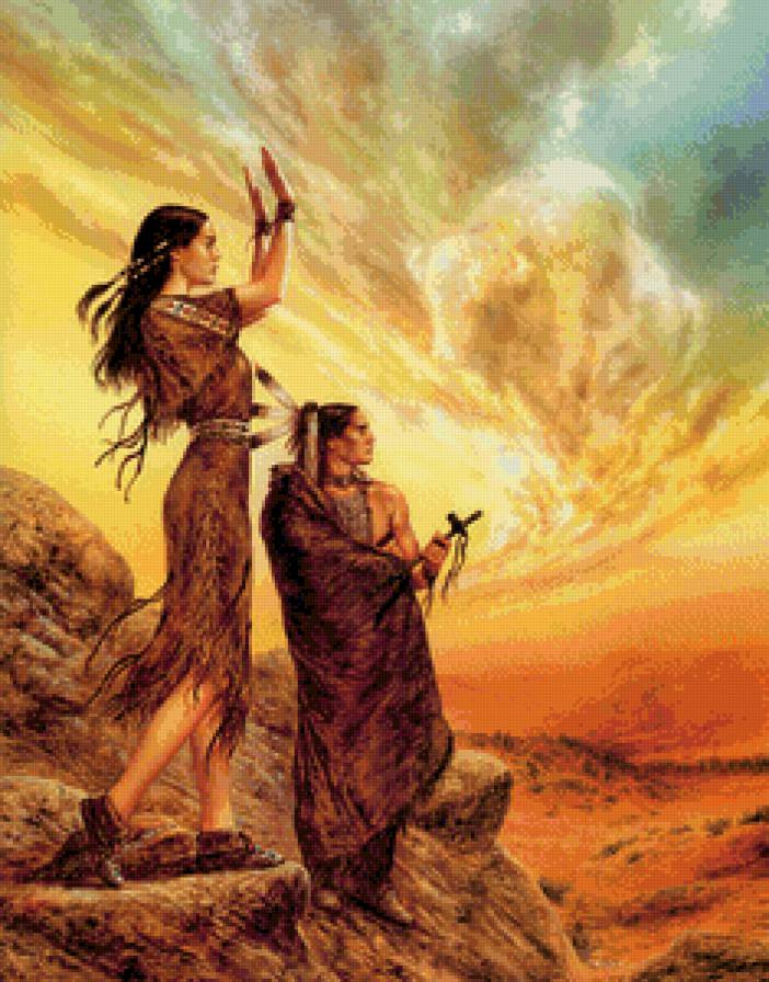 индейские шаманы - люди, природа, пара, шаман, индейцы, закат - предпросмотр