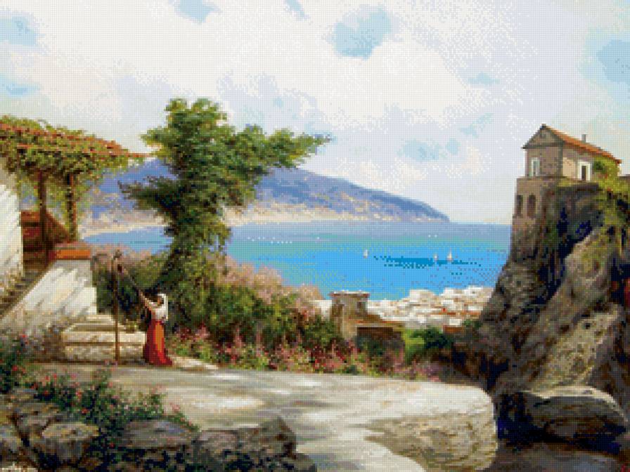 южный городок - море, живопись, природа, лето, дворик, пейзаж, город, горы, юг - предпросмотр