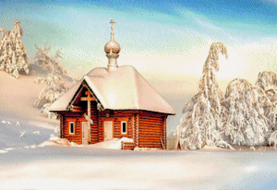 Зимний пейзаж - зима, церковь - предпросмотр