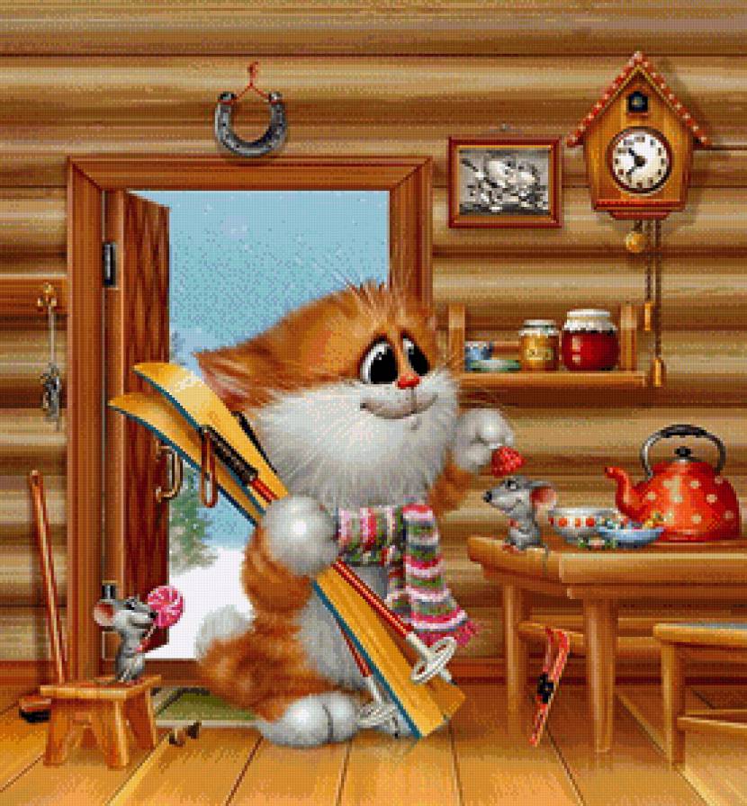 Лыжня - детские, кот, открытки, котик - предпросмотр