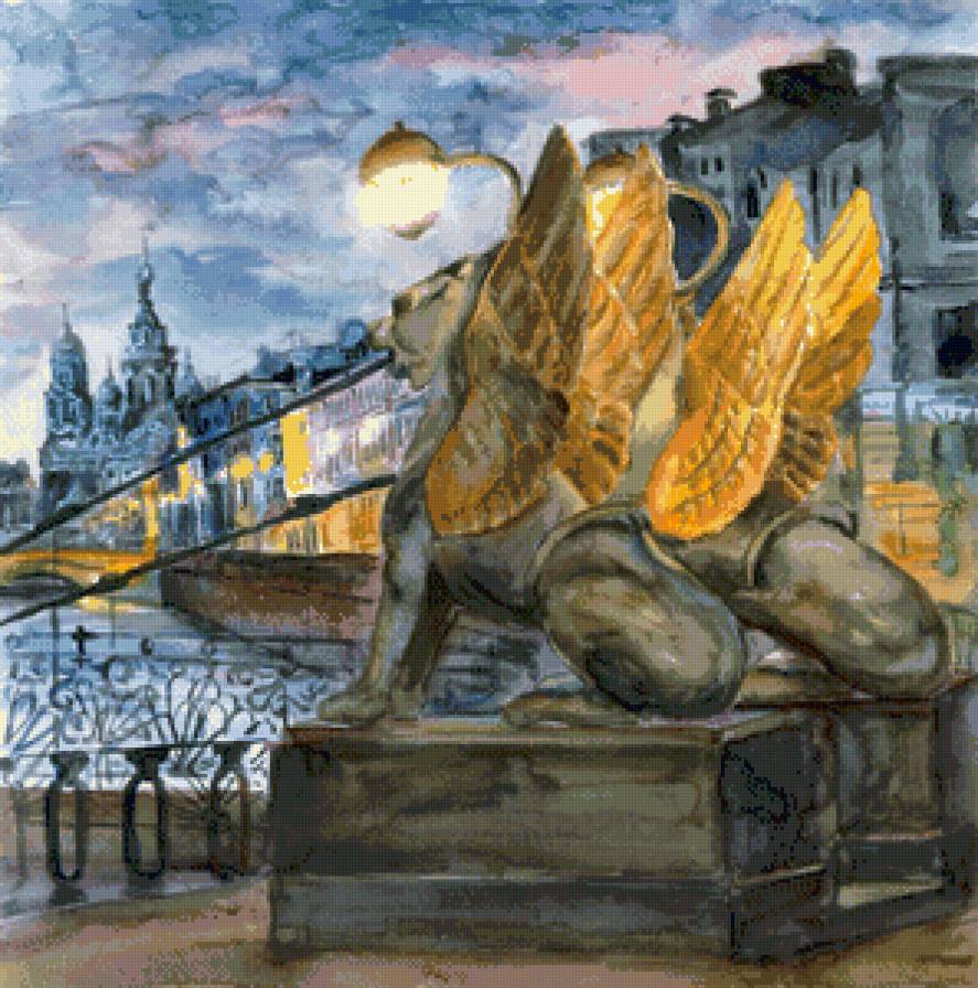питер - нева, город, живопись, пейзаж, питер, акварель, статуя - предпросмотр
