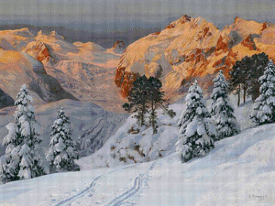 закат в горах - закат, горы, природа, пейзаж, альпы, живопись, снег, зима, вечер - предпросмотр