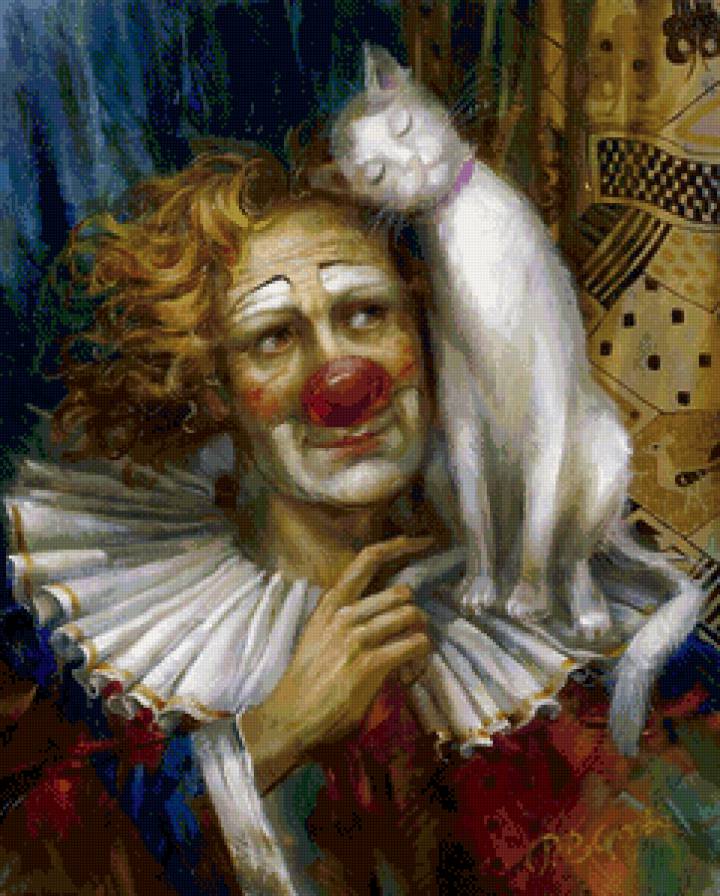клоун с кошкой - портрет, цирк, живопись, животное, кошка, клоун - предпросмотр