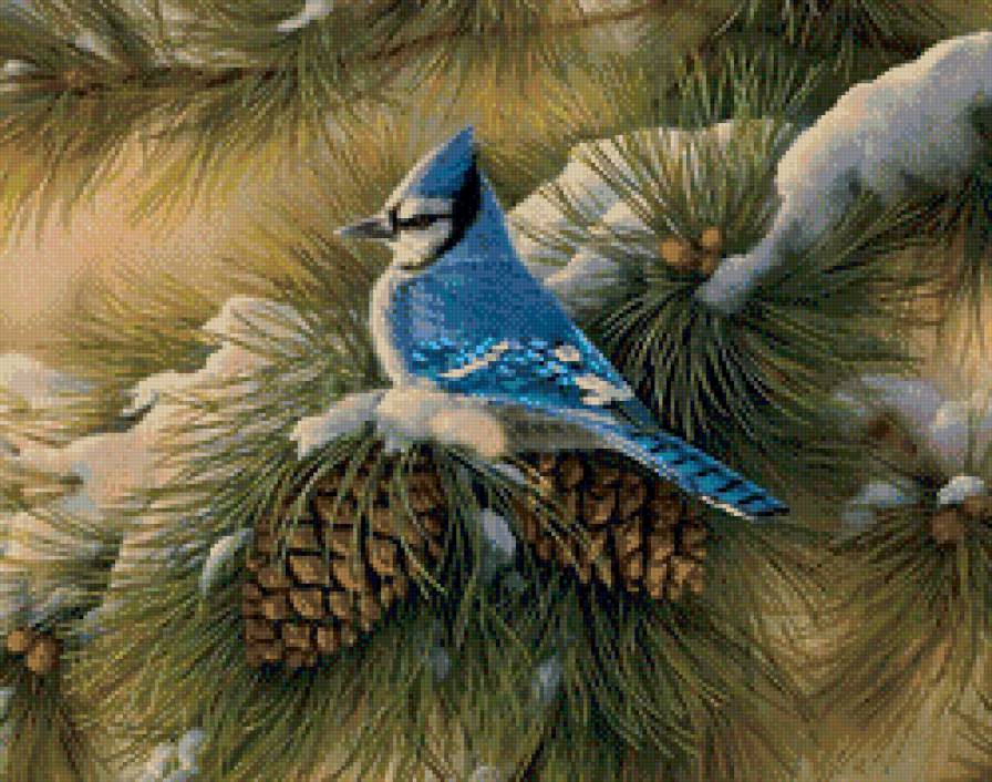 Новогодняя подушка - хвоя, снег, новогодний интерьер, птичка, шишки - предпросмотр