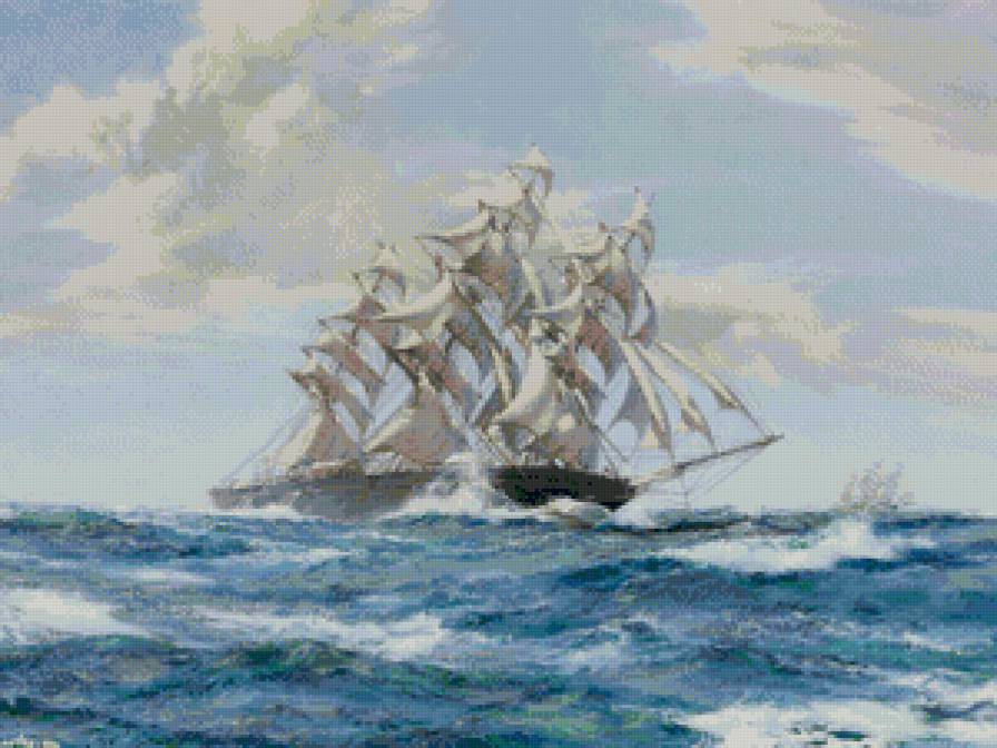 парусник - волны, океан, парусник, небо, море, паруса, чайки - предпросмотр