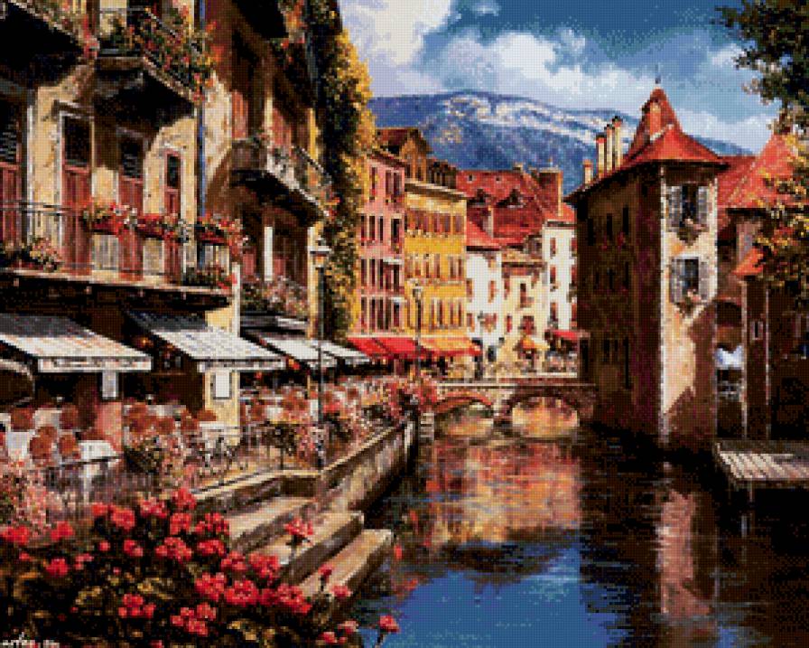 южный городок - живопись, юг, город, пейзаж, море, горы, цветы, двор, лето - предпросмотр