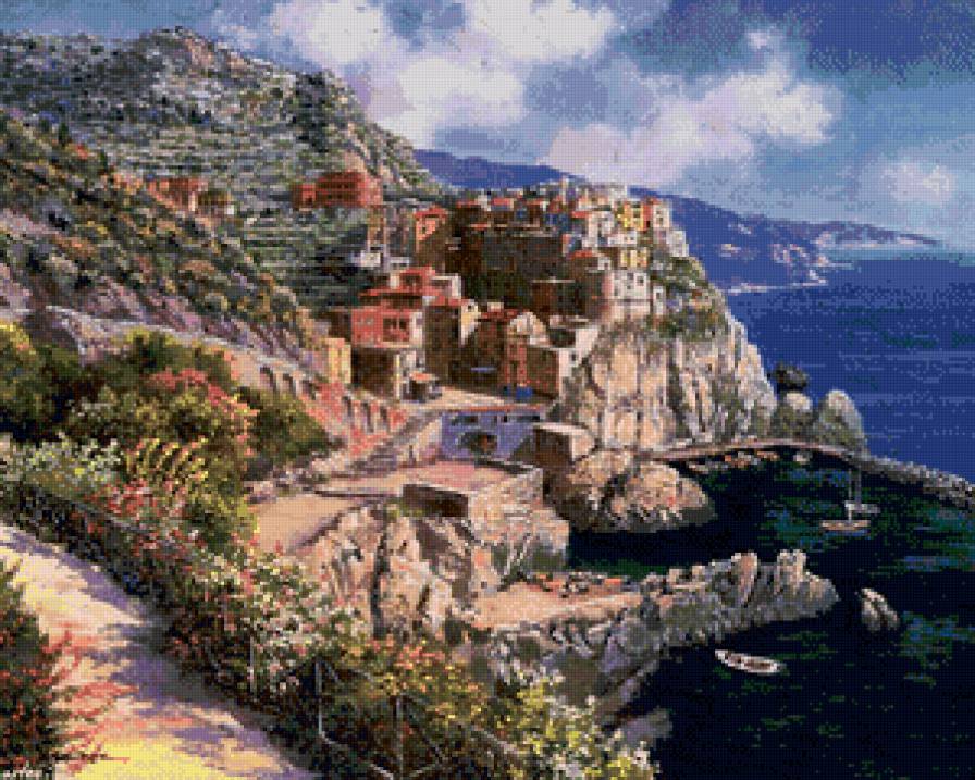 морской городок - лето, город, природа, жара, живопись, море, берег, пейзаж, горы - предпросмотр