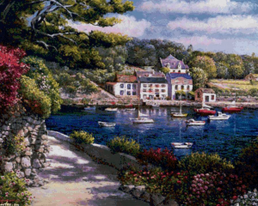 тихая гавань - лодки, гавань, живопись, лето, горы, пейзаж, жара, город - предпросмотр