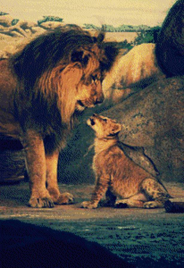 Отец и сын - лев, нежность, кошки, животные - предпросмотр