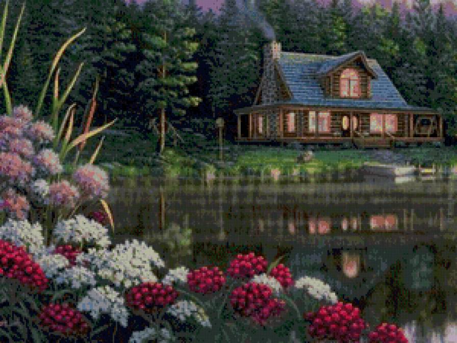 Дом у реки - природа, река, дом, вечер, пейзаж - предпросмотр