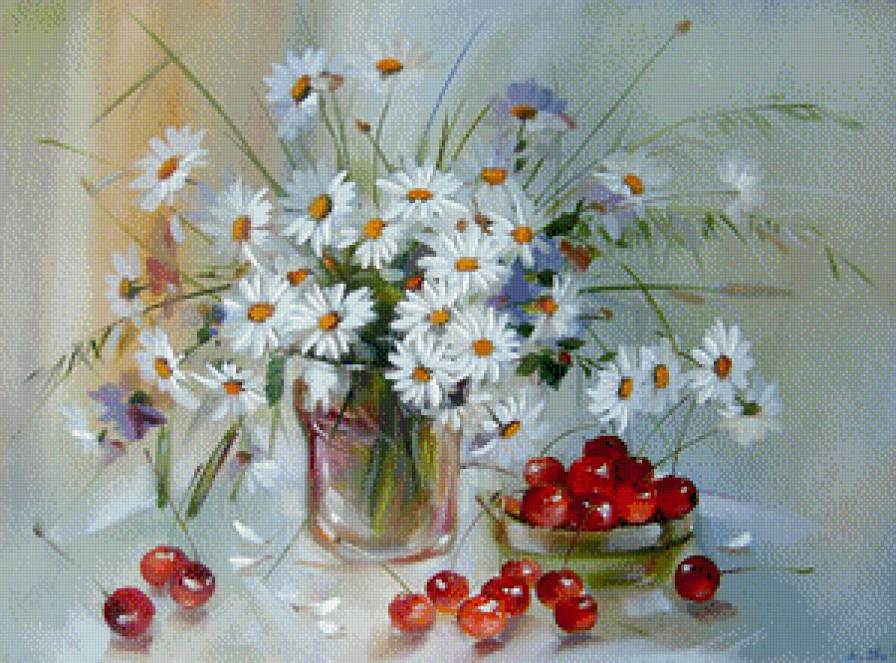 Ромашки с вишней - ромашки, вишня - предпросмотр