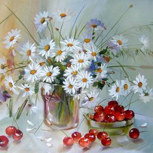 Схема вышивки «Ромашки с вишней»